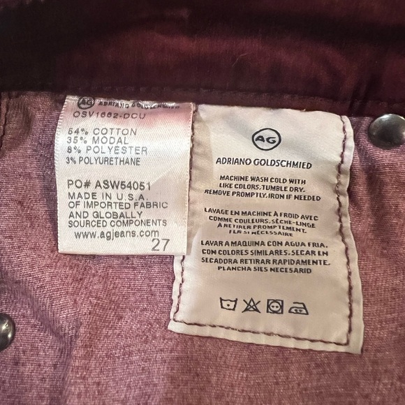AG Adriano Goldschmied Jodi Velvet Crop High Rise Slim Fare in Burgundy NWOT 27 - Picture 13 of 15